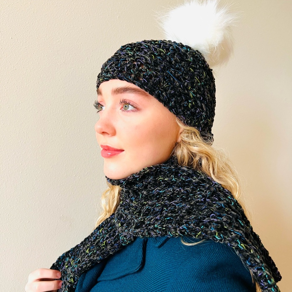 Hand-Crocheted Multicolor Winter Beanie Hat & Waffle Stitch Scarf Set